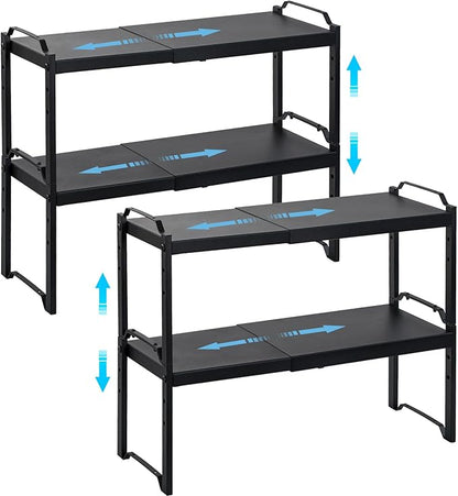 4 Pack Kitchen Cabinet Shelves Organizers, Kitchen Counter Storage Shelf Spice Rack, Expandable Length, Adjustable Height, Stackable, Sturdy 30LBS Bearing, Small Cupboard Tabletop Organizer Shelf Rack