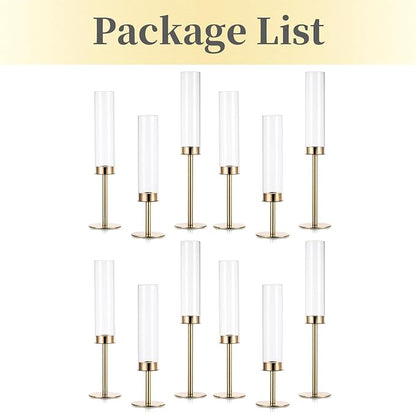 Hewory Gold Candle Holders Hurricane Candlestick Holders, 12Pcs Candle Stick Candle Holder Candelabra, Taper Candle Holders with Glass Candle Cover for Wedding Table Centerpiece Christmas Decor