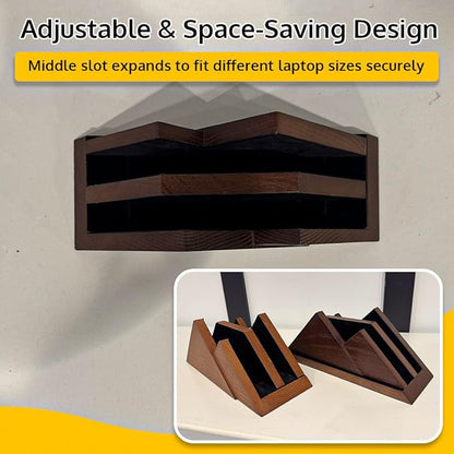 Dual Laptop Holder Vertical Stand 2 Slots Wooden - Dark Brown (Walnut Color) - Vertical Holder for Desk, MacBook Pro & Air, Desktop Organizer Made of Natural Wood, Adjustable Stand for Notebooks