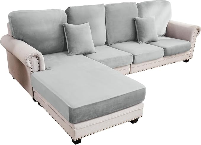 Couch Cover 4-Piece Elastic Velvet Couch Cushion Covers & Chaise Slipcovers for L-Shaped Sofas, Sofa Seat Covers Washable, Soft Cover for Couches (3 Seater + Chaise, Light Grey)
