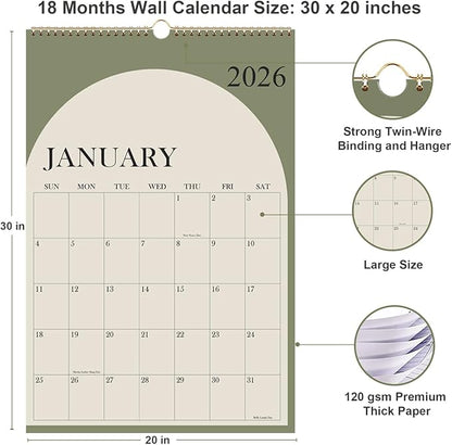 2026 Calendar - Large Calendar 2026-2027 from January 2026 - June 2027, 18 Months Calendar/Planner with Thick Paper, 20" x 30", Vertical, Green