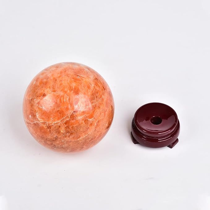 JIC Gem Natural Sunstone Sphere Ball with Wooden Stand for Fengshui Rare Healing Crystal Decoation Meditation Energy Reiki (90-100mm)
