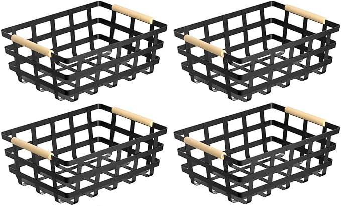 Large Metal Storage Baskets Bins Organizer Farmhouse Freezer Baskets for Pantry Cabinets Rustic Kitchen Counter Closet 4 Pack - Black