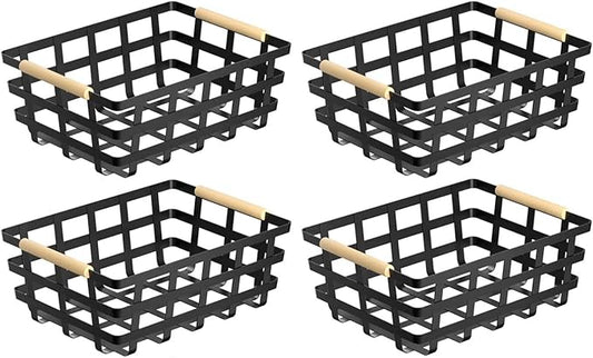 Large Metal Storage Baskets Bins Organizer Farmhouse Freezer Baskets for Pantry Cabinets Rustic Kitchen Counter Closet 4 Pack - Black