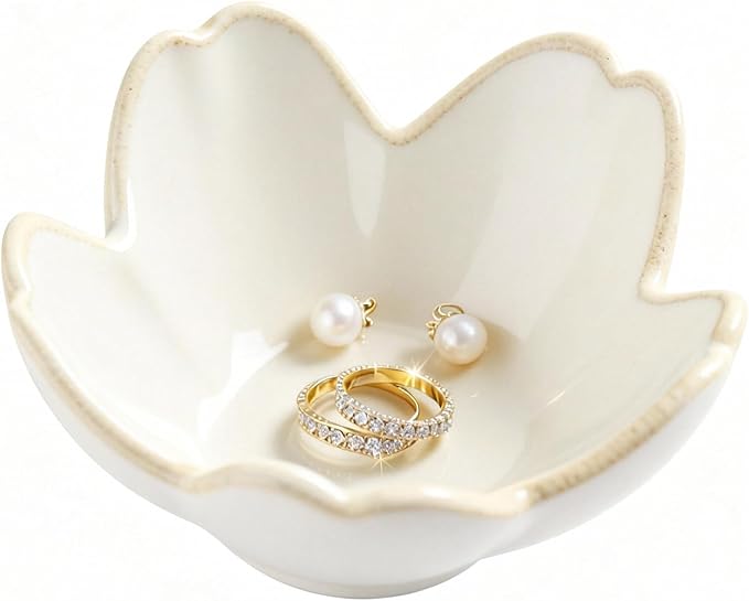 Pearl White Flower Jewelry Dish Ceramic Ring Holder Tray for Vanity, Small Ring Dish Trinket Bowl Aesthetic Nightstand/Bathroom Decor, Women's Gift for Christmas, Birthday, Mother's Day, Anniversary
