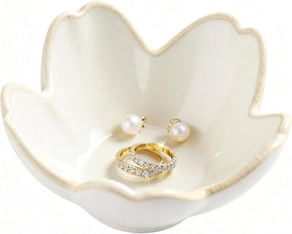 Pearl White Flower Jewelry Dish Ceramic Ring Holder Tray for Vanity, Small Ring Dish Trinket Bowl Aesthetic Nightstand/Bathroom Decor, Women's Gift for Christmas, Birthday, Mother's Day, Anniversary
