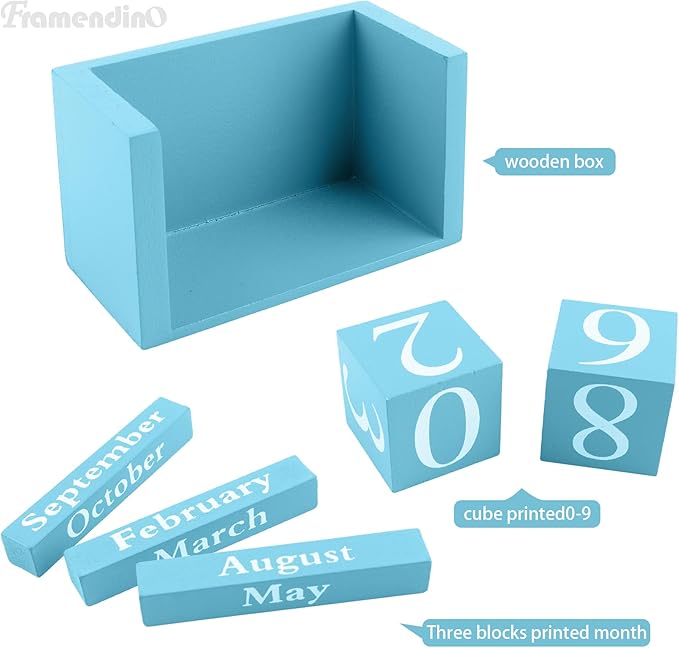 Framendino, Blue Vintage Wood Calendar Rustic Block Chic Perpetual Desktop Wooden Cubes Calendars for Home Office Desk Decoration