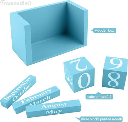 Framendino, Blue Vintage Wood Calendar Rustic Block Chic Perpetual Desktop Wooden Cubes Calendars for Home Office Desk Decoration