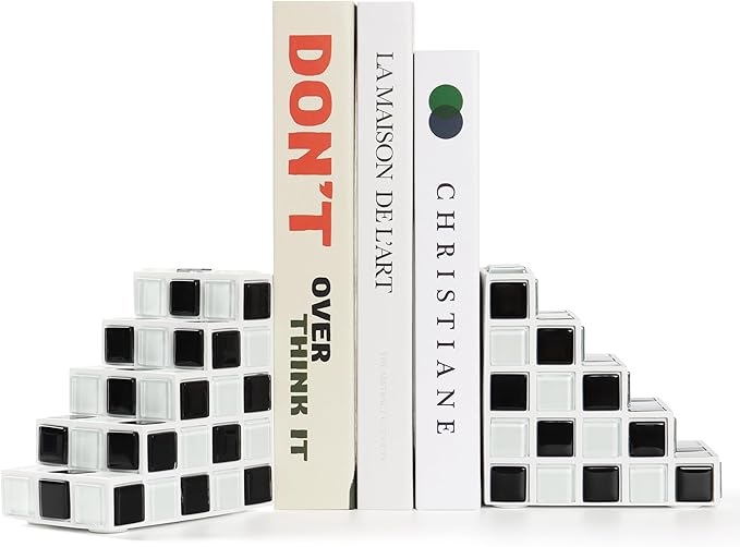 Decorative Bookends for Shelves - Stair Book Ends for Heavy Books - Unique Book Stopper & Holder for Shelves - Modern Home Decor Aesthetic Bookshelf Decor (Black & White)