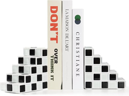 Decorative Bookends for Shelves - Stair Book Ends for Heavy Books - Unique Book Stopper & Holder for Shelves - Modern Home Decor Aesthetic Bookshelf Decor (Black & White)