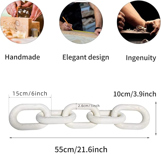Wood Chain Link Decor, Shelf Decor Accents 5 Link Chain Boho Pine Wood Carved Modern Home Decor，for Farmhouse Living Room Bedroom Bookshelf Porch Coffee Table Decor (White)