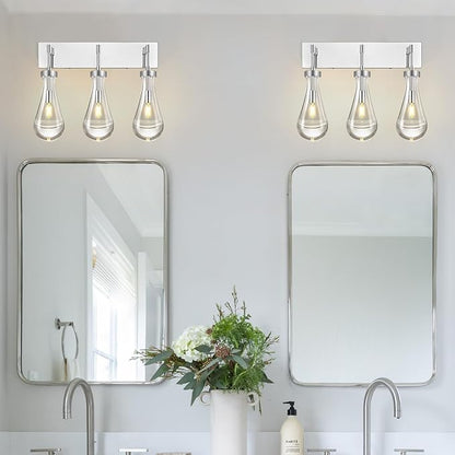 Raindrop Wall Sconces Chrome Crystal Sconces Wall Decor Modern Lighting Glass Bathroom Sconces Indoor Vanity Light Wall Lamp for Bedroom Living Room Stair(3-Light)