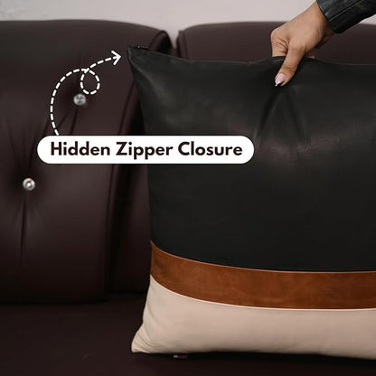 D DOLLY LAMB Lambskin Leather Pillow Cover - Sofa Cushion Case - Decorative Throw Covers for Living Room & Bedroom, 18x18 Inches - Black, Brown & Off White Pack of 2