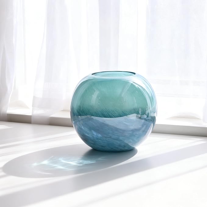 7.1" Teal Glass Vase for Flowers, Hand Blown Gradient Decorative Vase for Home Decor, Centerpiece, Dining Table, Shelf, Mantel, Bathroom, Entryway, Countertop, Gift for Friends