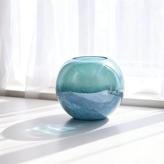 7.1" Teal Glass Vase for Flowers, Hand Blown Gradient Decorative Vase for Home Decor, Centerpiece, Dining Table, Shelf, Mantel, Bathroom, Entryway, Countertop, Gift for Friends