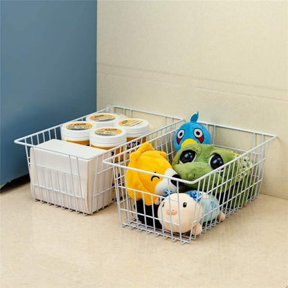 Slideep Freezer Baskets Farmhouse Organizer Storage Basket with Handles, Food Storage Bin for Kitchen Cabinets, Pantry, Closet, Bedroom, Bathroom, Office, 2 Pack, White