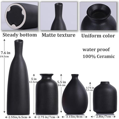 Black Ceramic Bud Vases Set of 4, Farmhouse & Mantle Decor, Living Room, Kitchen & Office, Coffee Table Decor, Bulk