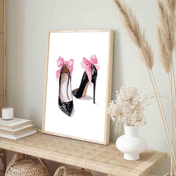 High Heel Canvas Wall Art Pink Heels Picture Pink Bow Picture High Heels Shoe Posters Preppy Vintage Shoes Paintings Girly Trendy Artwork Aesthetic Poster Trendy Pictures Room Decor 16x24inch No Frame