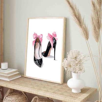High Heel Canvas Wall Art Pink Heels Picture Pink Bow Picture High Heels Shoe Posters Preppy Vintage Shoes Paintings Girly Trendy Artwork Aesthetic Poster Trendy Pictures Room Decor 16x24inch No Frame