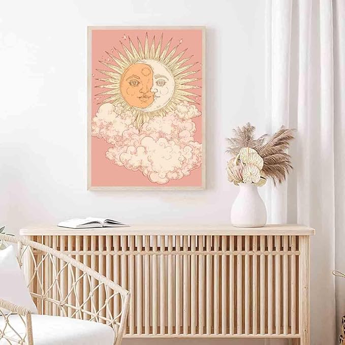 Sun And Moon Wall Art Celestial Canvas Tarot Poster Astrology Picture Sun And Moon Pictures Boho Aesthetic Canvas Mystical Astrology Painting Pink Aesthetics Abstract Room Decor 16x24inch No Frame