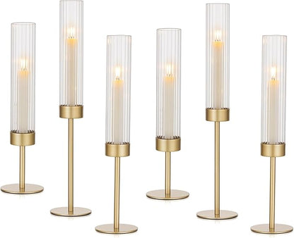 Hewory Gold Hurricane Candle Holders: Brass Candlestick Holders Set of 6 Tall Taper Candle Holders for Candlesticks Candle Sticks Holder Decor for Table Centerpiece Wedding Party Christmas Decorations