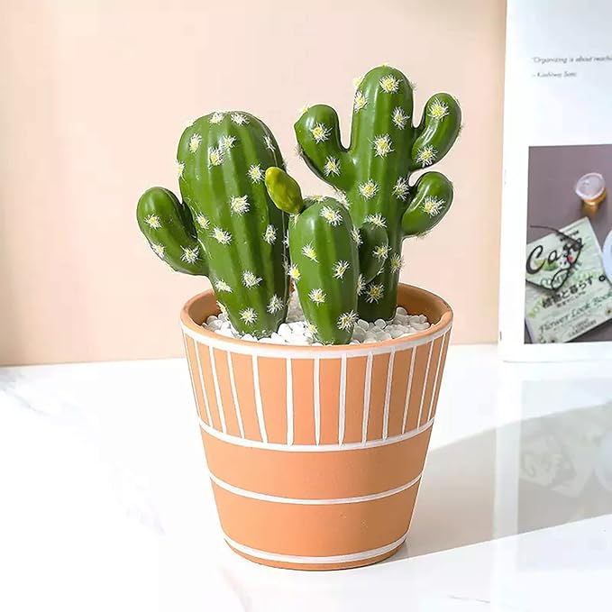 Stephanie Imports Boho Brown Terracotta Planter Pot with Hand-Painted Matte White Design (Block Lines)