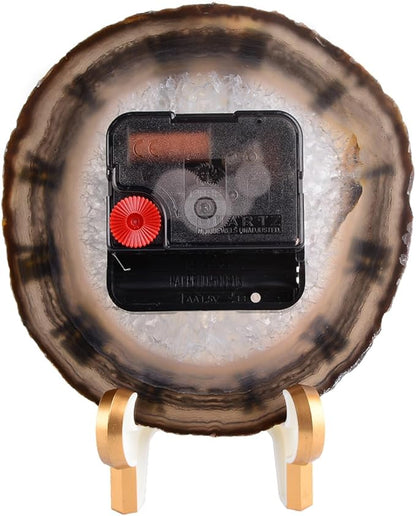 JIC Gem Natural Agate Slice Clock Natural Black/Gray with Base,Agate Clock,Decorative Clock