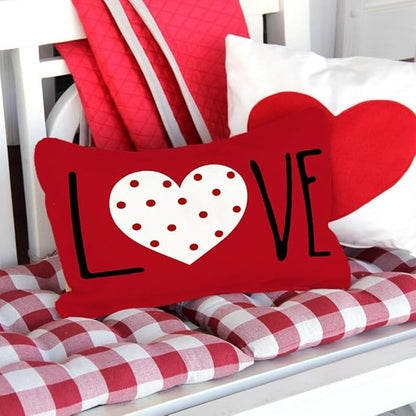 GEEORY Valentines Day Pillow Covers 12 x 20 inch Set of 4 for Valentines Day Decor Red White Stripes Dots Love Heart Throw Pillows Decorative Cushion Cases Valentine Decorations G194-12
