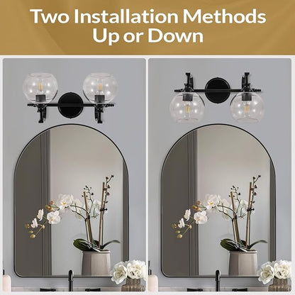 ANDY STAR 2 Light Bathroom Vanity Light, Matte Black Bathroom Light Fixtures, Modern Wall Sconce with Clear Globe Glass Shade, Farmhouse Wall Lamp for Bathroom, Living Room, Hallway, Cabinet, Porch