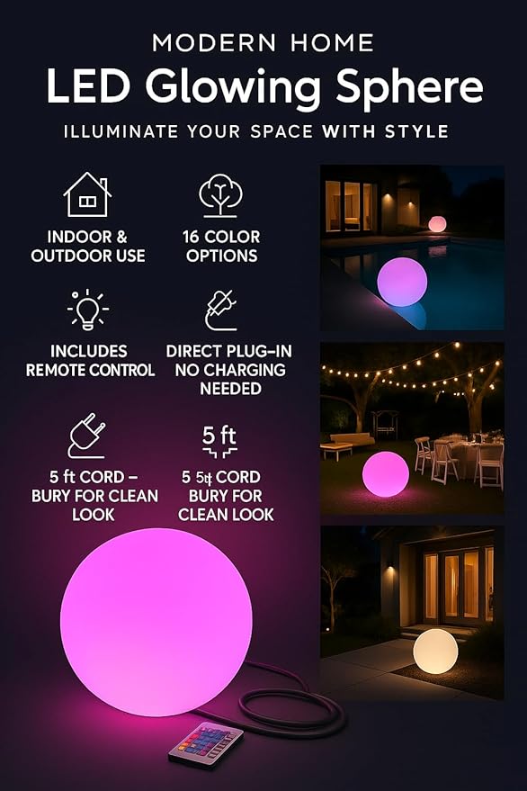 Modern Home Color-Changing LED Glow Ball - 16-Color Remote-Controlled Light Sphere w/Power Cord – Indoor/Outdoor Ambient Mood Lighting, Waterproof, Plug-in (20")