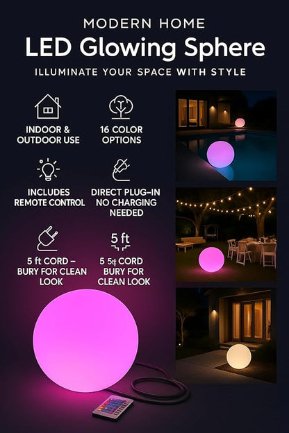 Modern Home Color-Changing LED Glow Ball - 16-Color Remote-Controlled Light Sphere w/Power Cord – Indoor/Outdoor Ambient Mood Lighting, Waterproof, Plug-in (20")