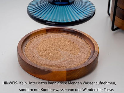 Acacia Wood Cork Coasters with Holder - Absorbent Rustic Cork Coasters for Coffee/Dining Tables & Desks - Set of 6, 4.13in Dark Brown