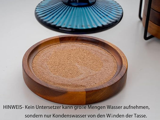 Acacia Wood Cork Coasters with Holder - Absorbent Rustic Cork Coasters for Coffee/Dining Tables & Desks - Set of 6, 4.13in Dark Brown