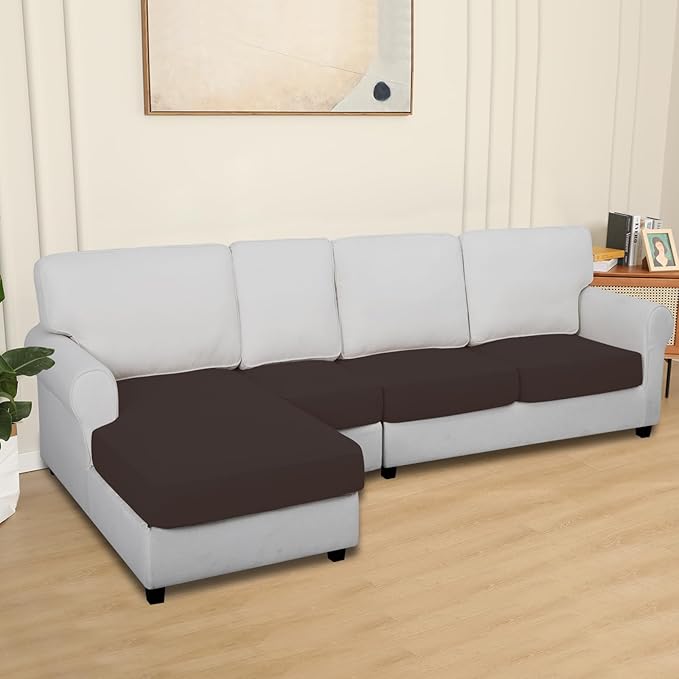 Easy-Going 100% Waterproof 4 Pieces Couch Cushion Covers for Sectional Sofa Left/Right L Shape Chaise Lounge Sofa Seat slipcover Anti-Slip Sofa Cover (3 Seater + 1 Chaise, Chocolate