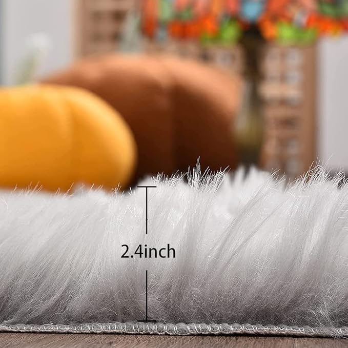 Silver Grey Plush Faux Sheepskin Fur Area Rugs for Bedroom Nursery Washable Shag Rug 4x6 Rectangle Rug