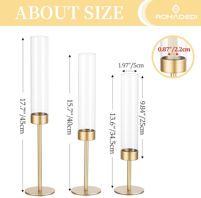 Glass Hurricane Candlestick Holders Gold - Romadedi Set of 6 Taper Candle Holder Bulk Tall Clear Glass Cylinder Table Centerpiece Wedding Decor Party Birthday Christmas Home Decorations