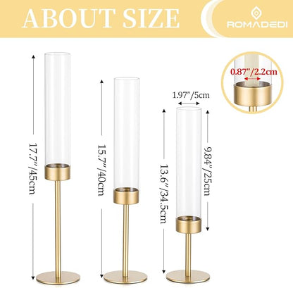 Glass Hurricane Candlestick Holders Gold - Romadedi Set of 6 Taper Candle Holder Bulk Tall Clear Glass Cylinder Table Centerpiece Wedding Decor Party Birthday Christmas Home Decorations