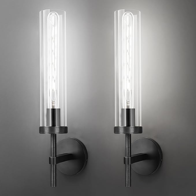 Black Wall Sconces Set of Two with White Light, 19.48'' Brushed Brass Knurled Bathroom Sconces Wall Lighting Vanity Light with Clear Glass for Living Room Mirror Bedroom Stairs