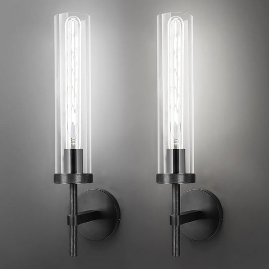 Black Wall Sconces Set of Two with White Light, 19.48'' Brushed Brass Knurled Bathroom Sconces Wall Lighting Vanity Light with Clear Glass for Living Room Mirror Bedroom Stairs
