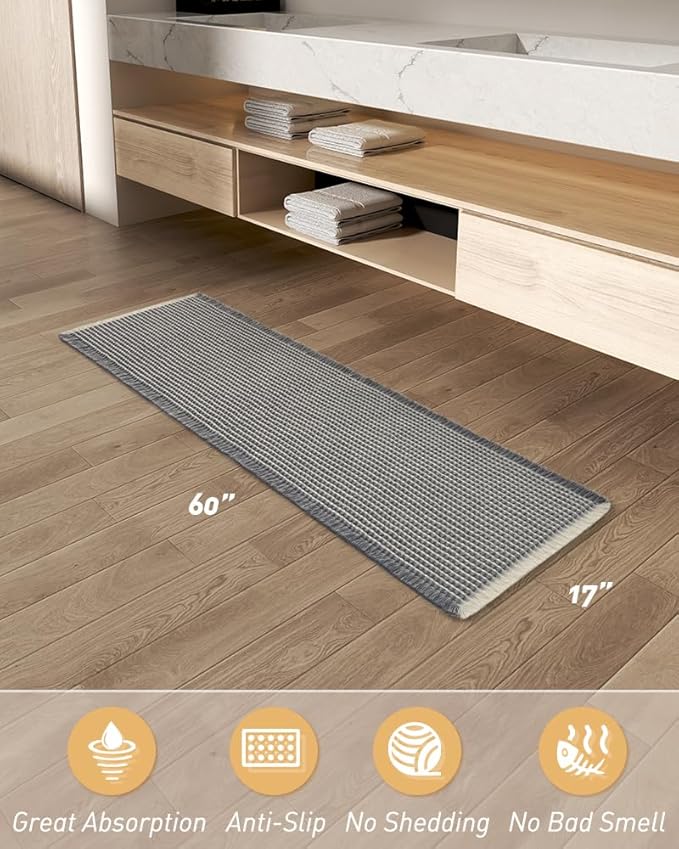 Upgraded Waffle Runner Rug Super Absorbent Non Slip Bath Mats for Bathroom Machine Washable Bathroom Runner Rug with Tassels, Ideal for Hallway Bedroom Laundry Room, 17" x 60", DarkGrey & Cream