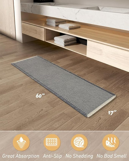 Upgraded Waffle Runner Rug Super Absorbent Non Slip Bath Mats for Bathroom Machine Washable Bathroom Runner Rug with Tassels, Ideal for Hallway Bedroom Laundry Room, 17" x 60", DarkGrey & Cream