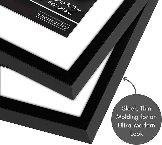 Americanflat 11x14 Picture Frame with Shatter-Resistant Glass - Set of 2 - Use as 8x10 Frames with Mat or Display 11x14 Photo Without Mat - Streamline Collection - Picture Frame Set for Wall - Black