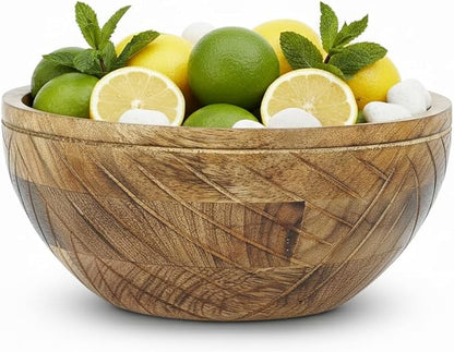Mela Artisans Wooden Fruit Bowl | Light Burnt Finish | 9” Decorative Mango Wood Serving Bowl | Multipurpose for Kitchen Countertop | Salad | Dessert | Snacks | Breads & More | Natural Grain Pattern