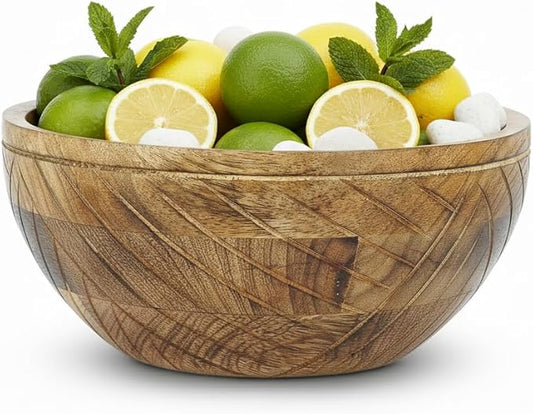 Mela Artisans Wooden Fruit Bowl | Light Burnt Finish | 9” Decorative Mango Wood Serving Bowl | Multipurpose for Kitchen Countertop | Salad | Dessert | Snacks | Breads & More | Natural Grain Pattern