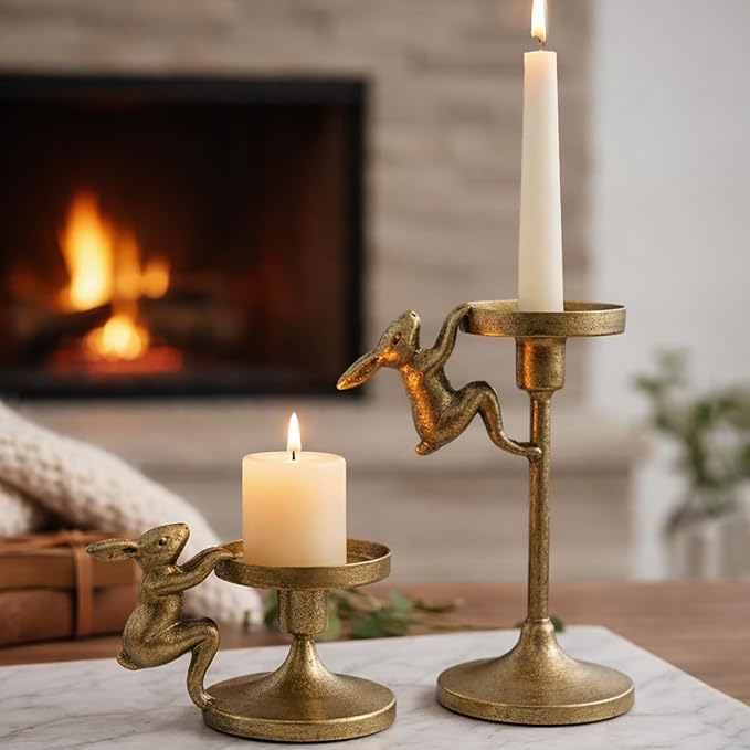 Set of 2 Cast Iron Climbing Bunny Candle Holders, Vintage Heavy-Duty Decorative Stands for 7/8" Taper Candlesticks and 3" Pillar Candles, Lively Easter & Spring Mantel Decor (Antique Brass)