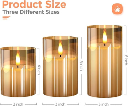 Tyawon Glass Battery Operated LED Flameless Candles with Remote and Timer, Real Wax Candles Warm Color Flickering Light for Festival Wedding Home Party Decor(Pack of 3)-Gold