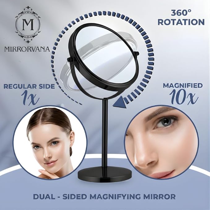 MIRRORVANA 10X Magnifying Makeup Mirror on Round Stand for Tabletop, Bedroom Vanity Desk and Bathroom Counter - Free Standing Double Sided 10X/1X Magnification Mirror - 7" Wide and 14" Tall (Black)