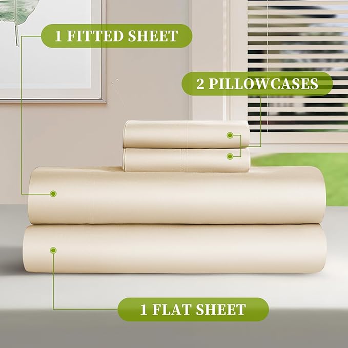 Shilucheng 100% Viscose Derived from Bamboo_ Sheets King Size 4pcs - Ultra Cooling & Silky Soft Bed Sheets, 16" Deep Pocket, Perfect for Hot Sleepers, Hotel Bedding Sheets (Beige)