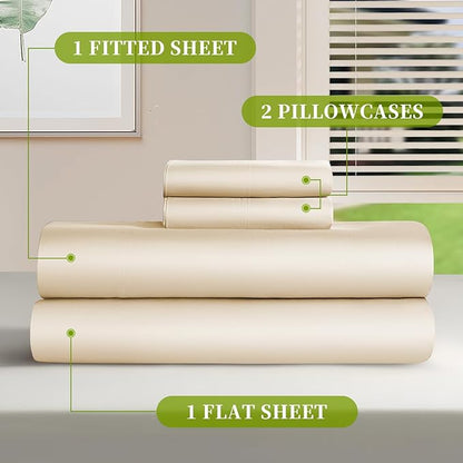 Shilucheng 100% Viscose Derived from Bamboo_ Sheets King Size 4pcs - Ultra Cooling & Silky Soft Bed Sheets, 16" Deep Pocket, Perfect for Hot Sleepers, Hotel Bedding Sheets (Beige)