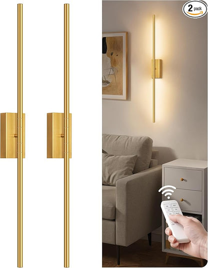 34.6" Wireless Battery Operated Wall Sconces Set of Two,Rechargeable Lamp with Remote, 360° Rotation, 10000mAh Battery, Touch Dimmable Lights for Living Room Hallway Bedroom, Gold D05YBP205